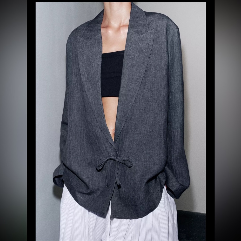 Zara 100% Linen Minimal Front Tie Blazer Jacket NWT